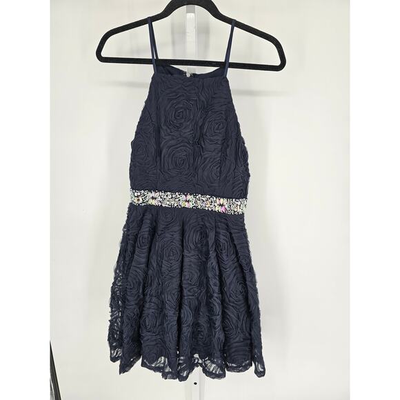 Trixxi Women's Navy Floral Ruffle Sequin Jeweled Fit-Flare Prom Dress Size 11 - Picture 1 of 6